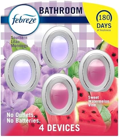 Febreze Bathroom Air Freshener, Odor-Fighting, Plug In Alternative, Air Fresheners for Small Spaces in Home, Bathroom, Kitchen, & Closet, Lilac & Watermelon Scents, 4ct (2 of Each Scent)