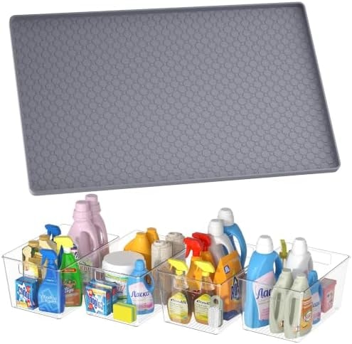 Waterproof Under Sink Mat 34"x22" with 4 Pcs Clear Plastic Storage Bins, Kitchen Bathroom Under Sink Organizer Set, Cabinet Shelf Liner Protection Mat for Pantry Apartment Home Organization Essentials