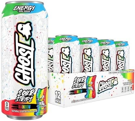 GHOST Energy Drink - 12-Pack, Sour Strips Rainbow, 16oz Cans - Energy & Focus & No Artificial Colors - 200mg of Natural Caffeine, L-Carnitine & Taurine - Gluten-Free & Vegan