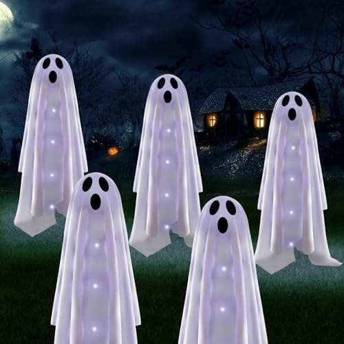 Betrihyes Halloween Decorations Solar Garden Lights Outdoor,6PACKS Halloween Ghost Decorations Lights with Scary Party Gifts Decor,Solar Scary Ghost Path Lights for Halloween Party Decor Cold White