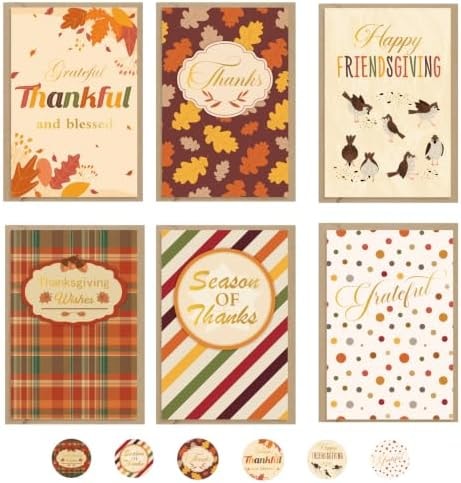 36 Pack Thanksgiving Cards with Envelopes & Stickers, 4 x 6 in, 6 Designs