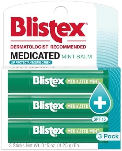 Blistex Medicated Mint Lip Balm SPF 15, 24 Hr Moisture, 0.15 oz, 3 Count