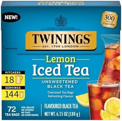 Twinings Lemon Black Iced Tea, 72 Oversized Tea Bags, Makes 18 Pitchers or 144 Servings, Unsweetened, Caffeinated, 72 Count (Pack of 1)