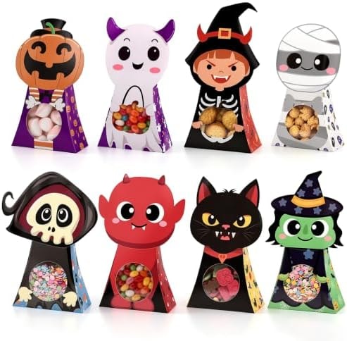 woric 24 Pcs Halloween Treat Boxes with Window, 8 Designs Party Favor Boxes