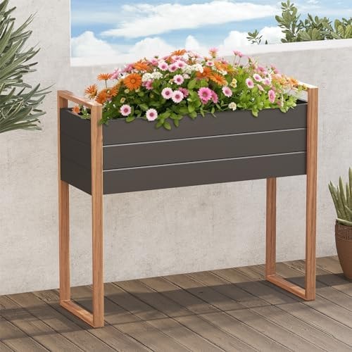 Grand patio Raised Garden Bed with Legs, Metal Elevated Planter Box with Woodgrain Finish, 39×15×36 Inch Outdoor Raised Garden Planter for Vegetables Flowers Fruits Herb, 660lb Capacity