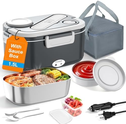 HOLDRUBY Electric Heated Lunch Boxes Adults: 100W Protable Food Warmer with Sauce Box 1.5L Heatable Lunch Box for Car/Truck/Office 12/24/110-230V Leak-Proof Stainless Steel Container,Fork & Spoon,Bag