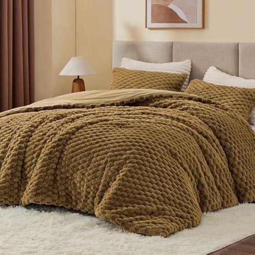 BEDELITE Fluffy King Size Comforter Set, Brown Fleece Bed Set 3 Pieces