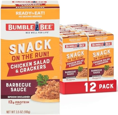 Bumble Bee Snack On The Run! Protein Snack Pack - BBQ Chicken Salad with Crackers - 12g Protein per Box - Ready to Eat Easy-Open Canned Chicken Salad (Pack of 12)