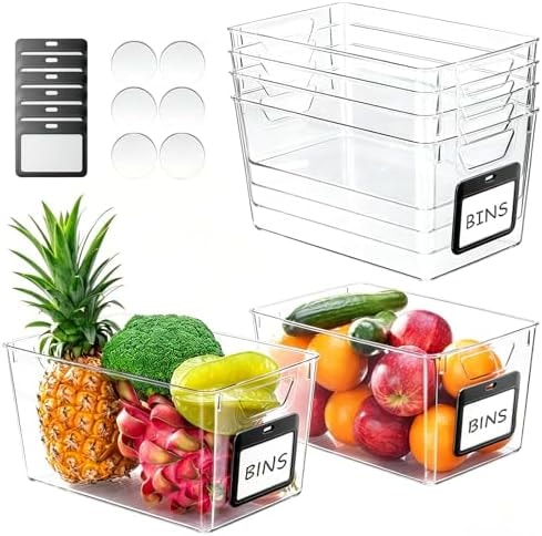 iCASA 6-Pack Clear Fridge Organizers and Storage Bins Container with Labels