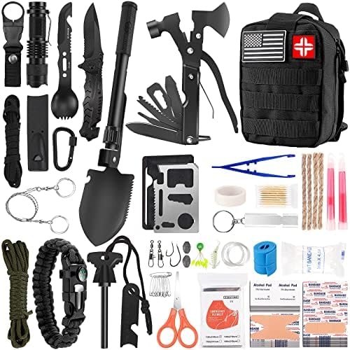 LUXMOM Survival Kit and First Aid Kit, 142Pcs Professional Survival Gear and Supplies Equipment with Molle Pouch, Gift for Fathers Day Men Dad Husband Camping Hiking Hunting Outdoor Adventure (Black)