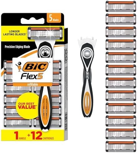 BIC Flex 5 Mens Refillable 5-Blade Razors, 12 Cartridges, Smooth Shave
