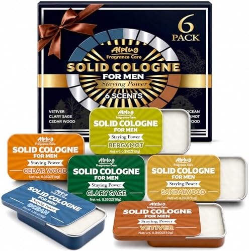 ALPLUG 6 Pack Solid Cologne Gifts for Men, Mens Cologne Gift with Cedar Wood, Bergamot, Sandalwood, Clary Sage, Vetiver, Ocean Perfume, Birthday Gifts for Him Dad Husband Boyfriend, Travel Gift