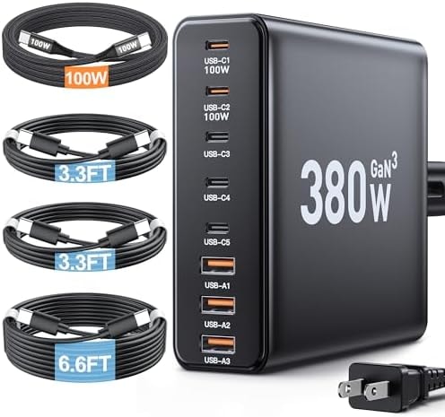 380W USB C Charger Block,with 4 USB Cables 8-Port USB C Charging Station Dual 100W Laptop Charger Fast Charger Type C Charging Block for MacBook Pro, Dell XPS, iPhone, iPad, Tablet (Bright Black)