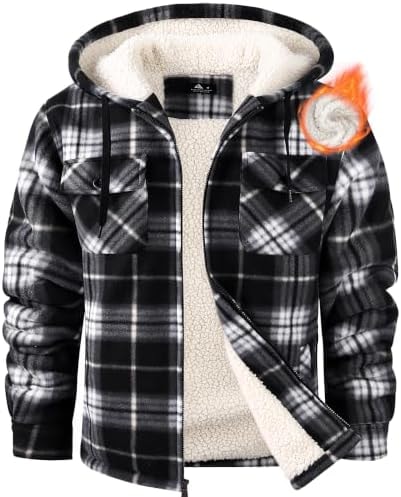 Ceoutdoor Mens Flannel Jacket Fleece Sherpa Plaid Winter Zip Up Hoodies