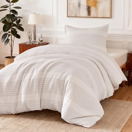 Amazon Basics Duvet Cover Waffle Weave 2-Piece Cotton-Like Soft Bedding Set, with 1 Duvet Cover with Zipper and 1 Pillow Sham, Comforter Not Included, Twin, Dark Grey Striped
