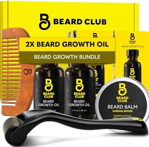 The Beard Club Enhanced Beard Growth Kit - Derma Roller, Beard Growth Oil (2PK), Sandalwood Beard Balm, Comb - Gift Set