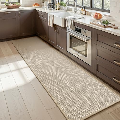 MontVoo Kitchen Runner Rug Non Slip Washable, Absorbent Braided Kitchen Mats for Floor with Rubber Backing, Durable Easy Clean Kitchen Floor Mat for Front of Sink, Laundry, Entryway, Beige, 17"x47"