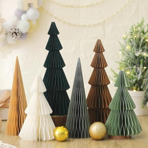 Watersay 6 Pcs Green Brown Honeycomb Paper Christmas Trees Centerpiece