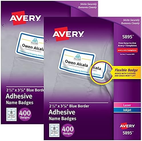 Avery Flexible Name Badges, 2-1/3" x 3-3/8", White with Blue Border, 400 per Pack, 2 Packs, 800 Removable Name Tag Stickers Total (01730)