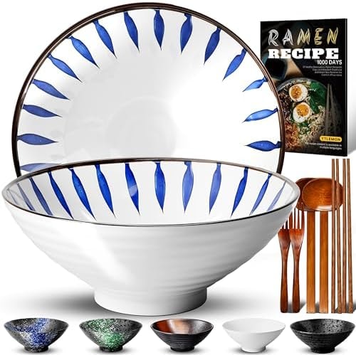 8-Inch Ceramic Ramen Bowl Set of 2 (9 Piece) - Porcelain Japanese Salad Noodles Cereal Fruit Pasta Soup Large Bowls with Recipes Chopsticks Forks Spoons for Men Women Gift Microwave & Dishwasher Safe