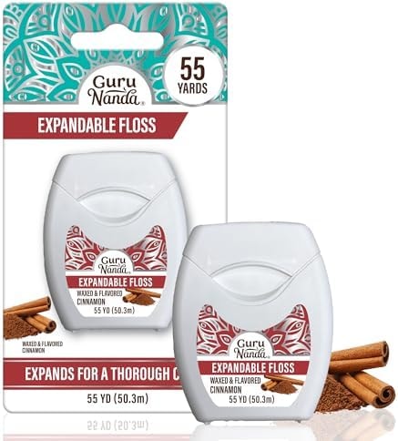 GuruNanda Expandable Waxed Dental Floss for Gentle, Deep Cleaning Wide Teeth Flossing - Cinnamon Flavor - 55 Yards