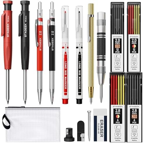 17 Pack Mechanical Carpenter Pencil Set with Sharpener 40 Refills, Automatic Center Punch, Carbide Scribe Tool, Eraser and Deep Hole Marker Pen, Heavy Duty Construction Pencil for Architect with Pouch
