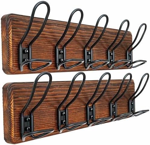 Dseap Coat Rack Wall Mounted - Heavy Duty Farmhouse Rustic Wall Coat Hanger with 5 Wire Hooks for Clothes Hat Jacket Towel, RusticWire, G25A, Rustic Brown & Black, Pack of 2