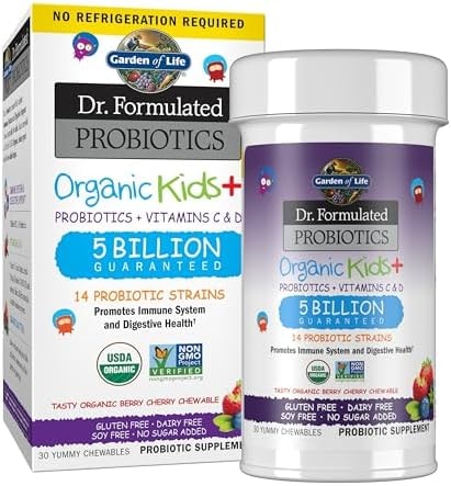 Garden of Life Dr. Formulated Probiotics Organic Kids+ - Digestive Health Support with Prebiotic Fiber & Vitamins C & D - Supports Immune Function - Berry Cherry, Shelf Stable - 30 Yummy Chewables