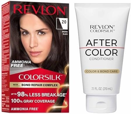 Revlon ColorSilk with Bond Repair Complex Hair Color and After Color Conditioner Bundle, 20 Brown Black, 2 count