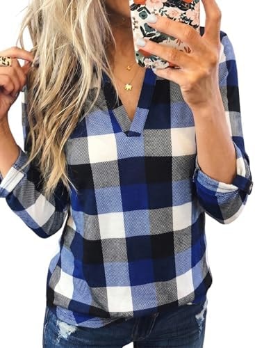 Dokotoo Womens V Neck Plaid Long Sleeve Tops Fall Work Shirts Blue M