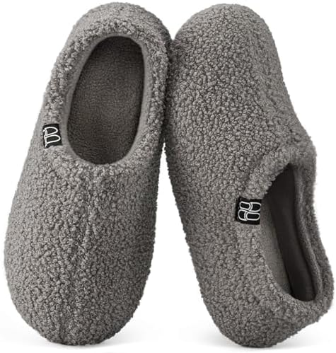 HomeTop Women's Fuzzy Curly Fur Loafer Slippers, Grey 7-8 US