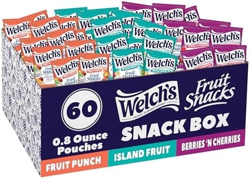 Welch's Fruit Snacks, Fruit Punch, Island Fruits & Berries 'N Cherries Snack Box, Gluten Free, 0.8oz Snack Packs (Pack of 60)