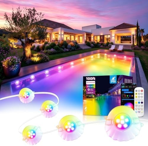 AHAWILL 100FT RGB Swimming Pool Lights for Inground & Above Ground Pools,IP68 Waterproof,Plug-in 16 Shell Pool LED String Lights,Remote/APP Control,16M Colors,DIY Timer,44 Dynamic Modes for Pool Decor