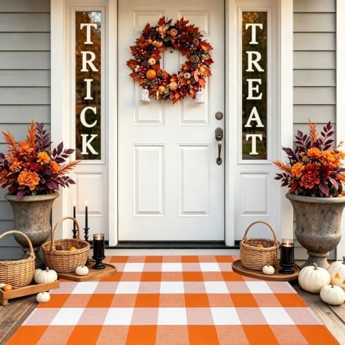 Fall Door Mat 2'4" x 3'7" Orange and White Bufflao Plaid Rug Layered Mat