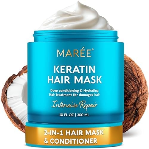 MAREE Deep Conditioning Hair Mask for Damaged Hair Treatment – Keratin Hair Care for Hydrating Growth Repair Moisturizing – Dry Curly Color Refreshing – 10 Fl Oz, White