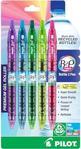 Pilot B2P Colors - Bottle to Pen Refillable & Retractable Rolling Ball Gel Pens Made From Recycled Bottles, Fine Point, Assorted Color G2 Inks, 0.7mm, 5-Pack