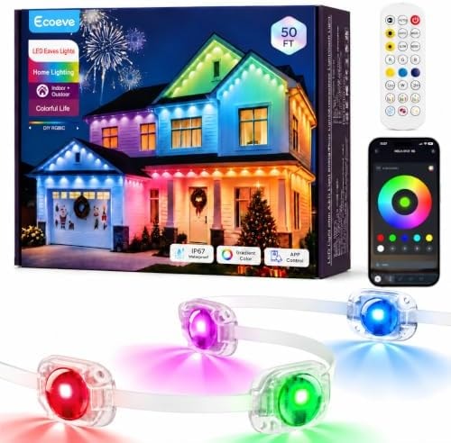 Ecoeve Permanent Outdoor Lights for House, 50ft RGB+IC Christmas LED Lights