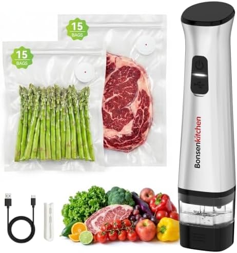 Bonsenkitchen Vacuum Sealer for Food, Handheld Vacuum Sealer Machine +30 Reusable Vacuum Bags, Compact Food Saver for 6X Freshness Preservation, Portable & Rechargeable