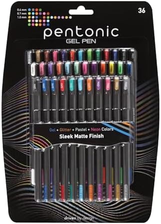 Pentonic Gel Pens, 36 Count, 36 Assorted Colors (Assorted Color, Neon, Pastel & Glitter), Medium & Fine Point, Smooth Writing For Journaling (1002358)