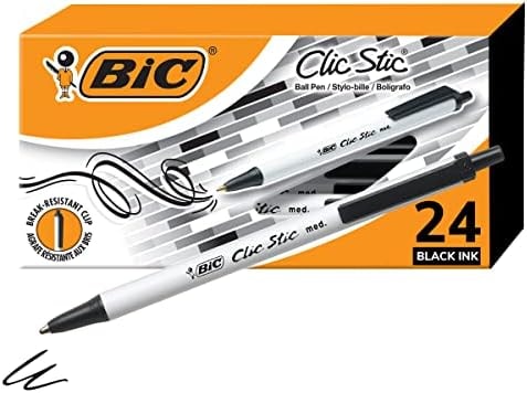 BIC Clic Stic Black Retractable Ballpoint Pens, Medium Point, 24-Count
