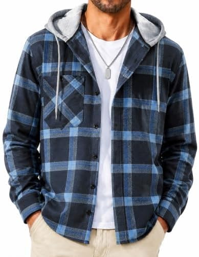 SCODI Mens Flannel Hoodie Shirt Casual Button Down Plaid Long Sleeve Shirts