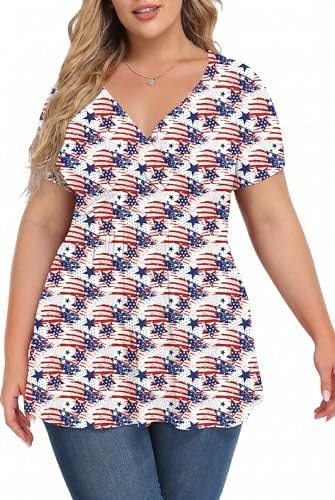 TIANZHU Women's Plus Size Tops Tunic Short Sleeve V Neck Shirts Casual Soft Blouse, Flag White, XL