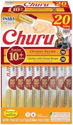INABA Churu for Senior 10+, Creamy Lickable Cat Treats with Taurine, Vitamin E & C, 0.5 Ounces Each, 20 Tubes, Chicken Variety