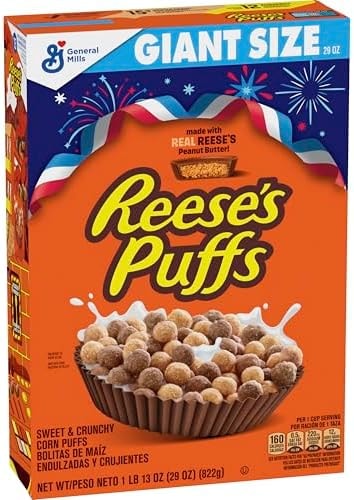 REESE’S PUFFS Chocolatey Peanut Butter Cereal, Kid Breakfast Cereal, Giant Size, 29 oz