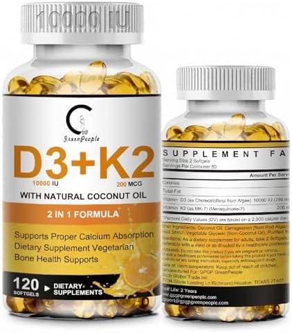 Vitamin D3 K2 Supplement 10000 IU + K2 MK7 200mcg with Coconut Oil, 120ct