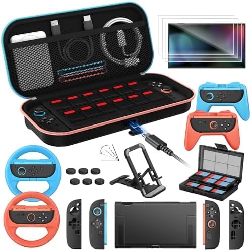 ivoler 21-in-1 Accessories Bundle Kits for Nintendo Switch 2 - Includes Charging Carrying Case, Protective Cover, Screen Protectors, Steering Wheels, Game Stand,Joycon Controller Grips,Game Card Case