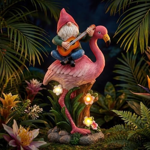 EXYGLO Solar Gnome Garden Statue Decor, 10" Gnome Riding Flamingo Outdoor Funny Decoration for Lawn, Patio, Yard, and Unique Housewarming, Birthday Ornament Gift for Mother, Friend, Family