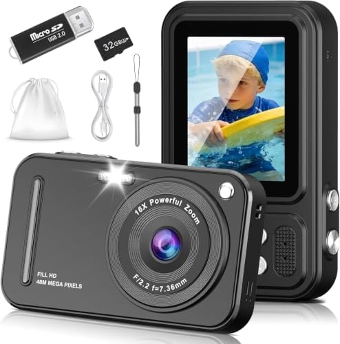 Digital Camera for Kids, 48MP FHD 1080P Point and Shoot Digital Cameras with 16X Zoom Anti-Shake, Compact Portable Cameras for Photography, for Boys Girls Teens Beginners