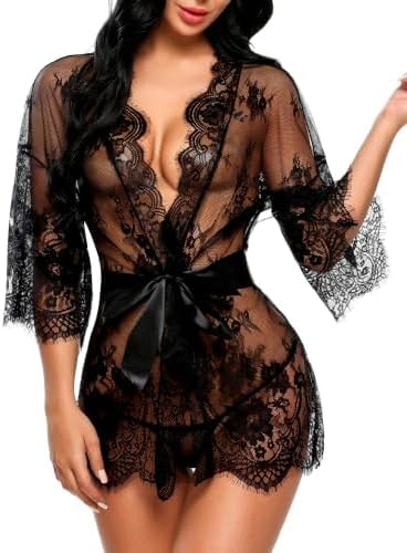 Avidlove Women Sexy Lace Kimono Robe Sheer Mesh Wedding Lingerie Nightgown