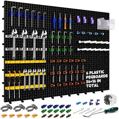 XIELING Plastic Pegboard Wall Organizer Kit, 6 Black Panels 36" x 16", 200 Accessories with Hooks, Clips & Holders, Modular Tool Storage Board for Garage, Workbench, Craft Room, Home Repair